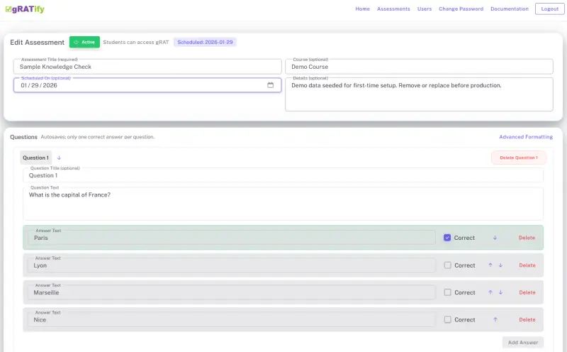 gRAT editor screen for creating or updating questions
