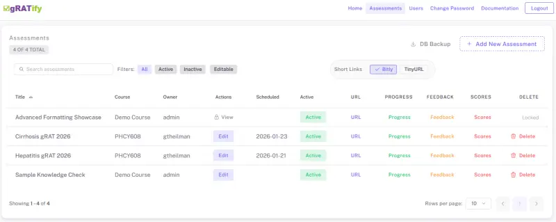 Assessments list screen showing available gRATs
