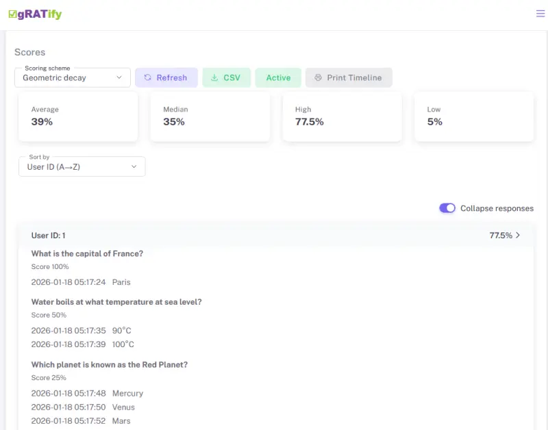 Scores screen with team results
